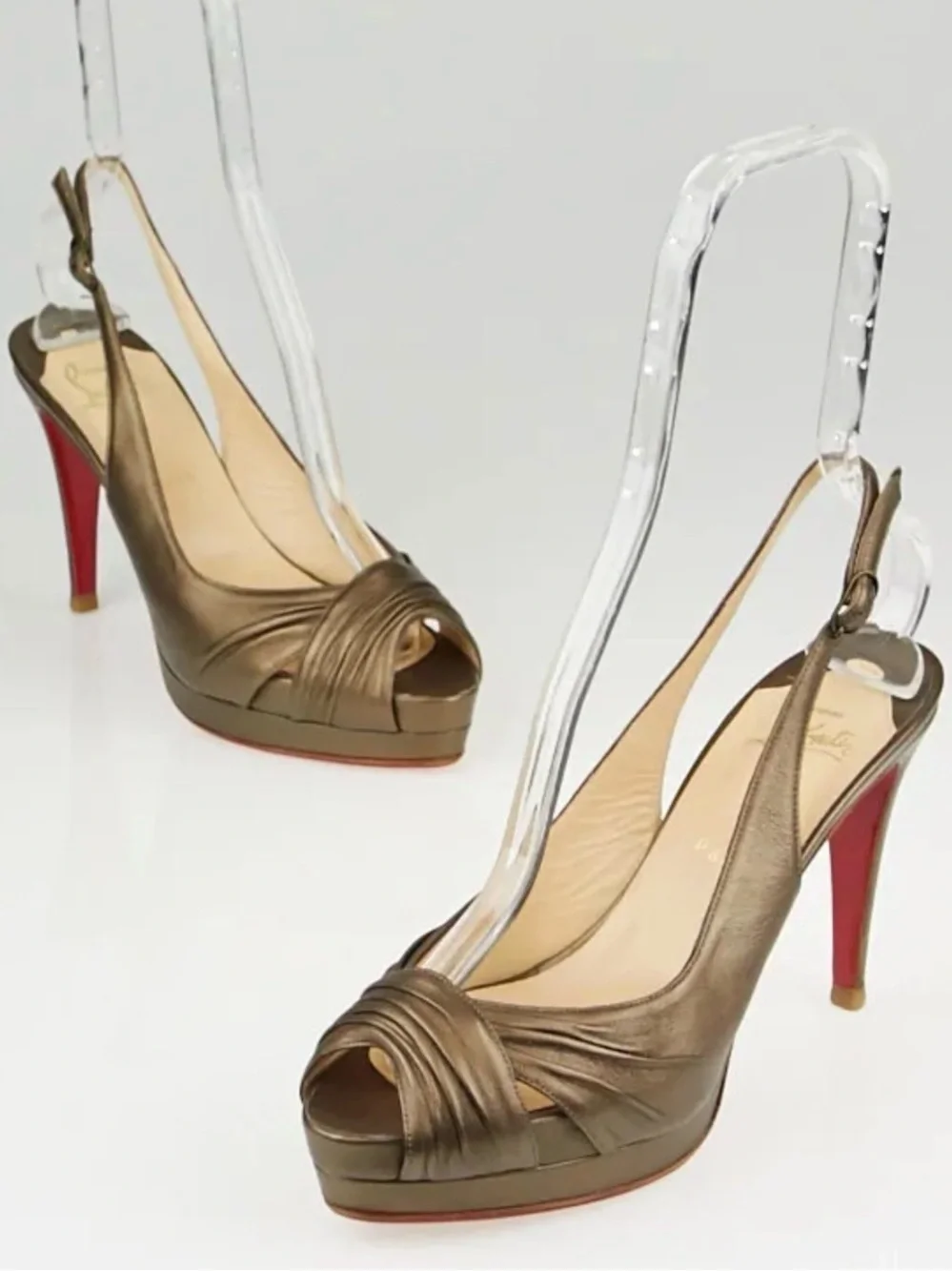 Christian Louboutin bronze leather peep-toe slingback pumps